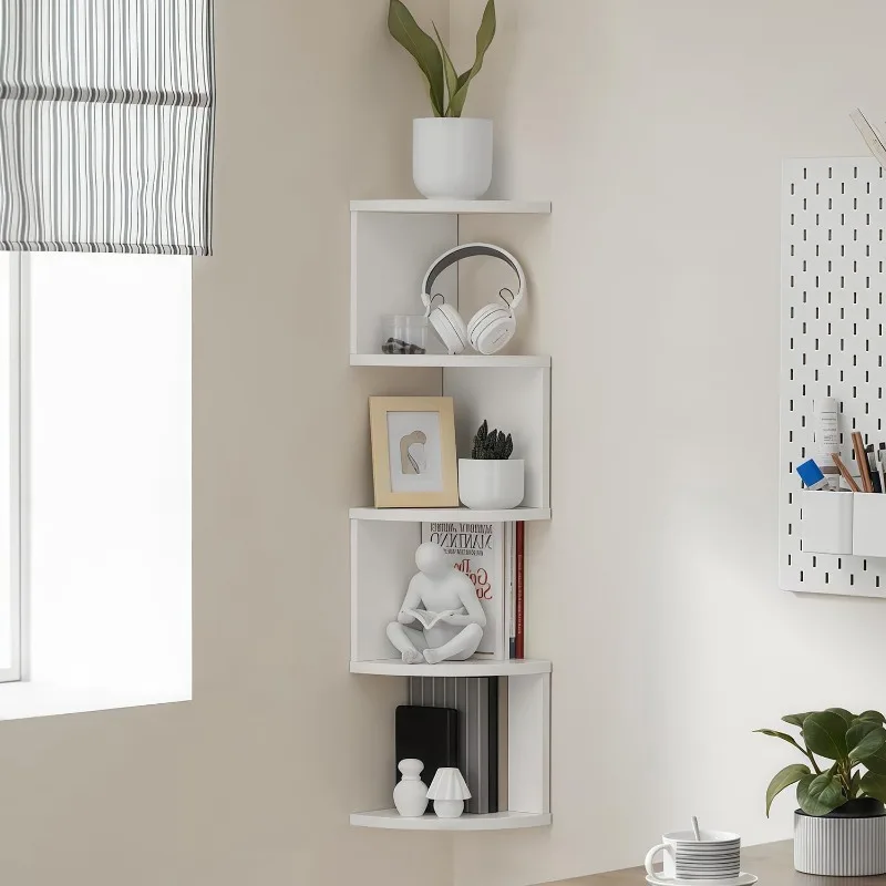 White 5-Tier Wall-Mounted Corner Shelf, Space-Saving Floating Bookcase for Living Room Bedroom Bathroom with Modern