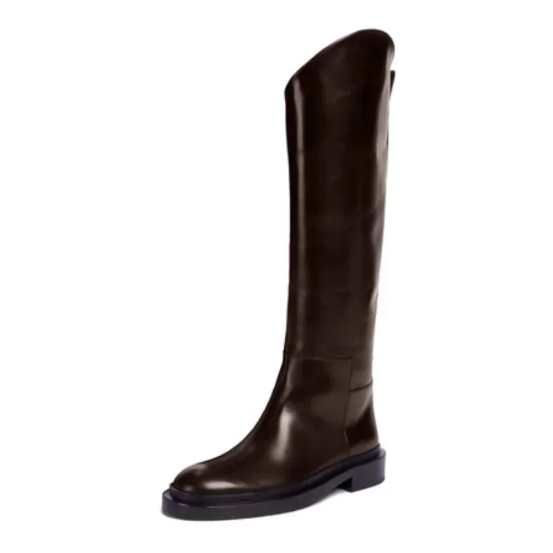

2024 Women's Autumn/Winter Irregular Straight Leather Knight Boots European and American Fashion Knee Length Motorcycle Boots