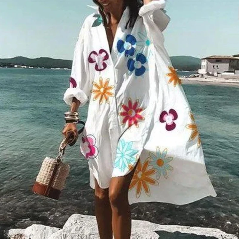 Abiti estivi Casual Casual allentati taglie forti 2022 abito camicia da spiaggia Sexy nuova manica lunga bohemien abiti eleganti da donna