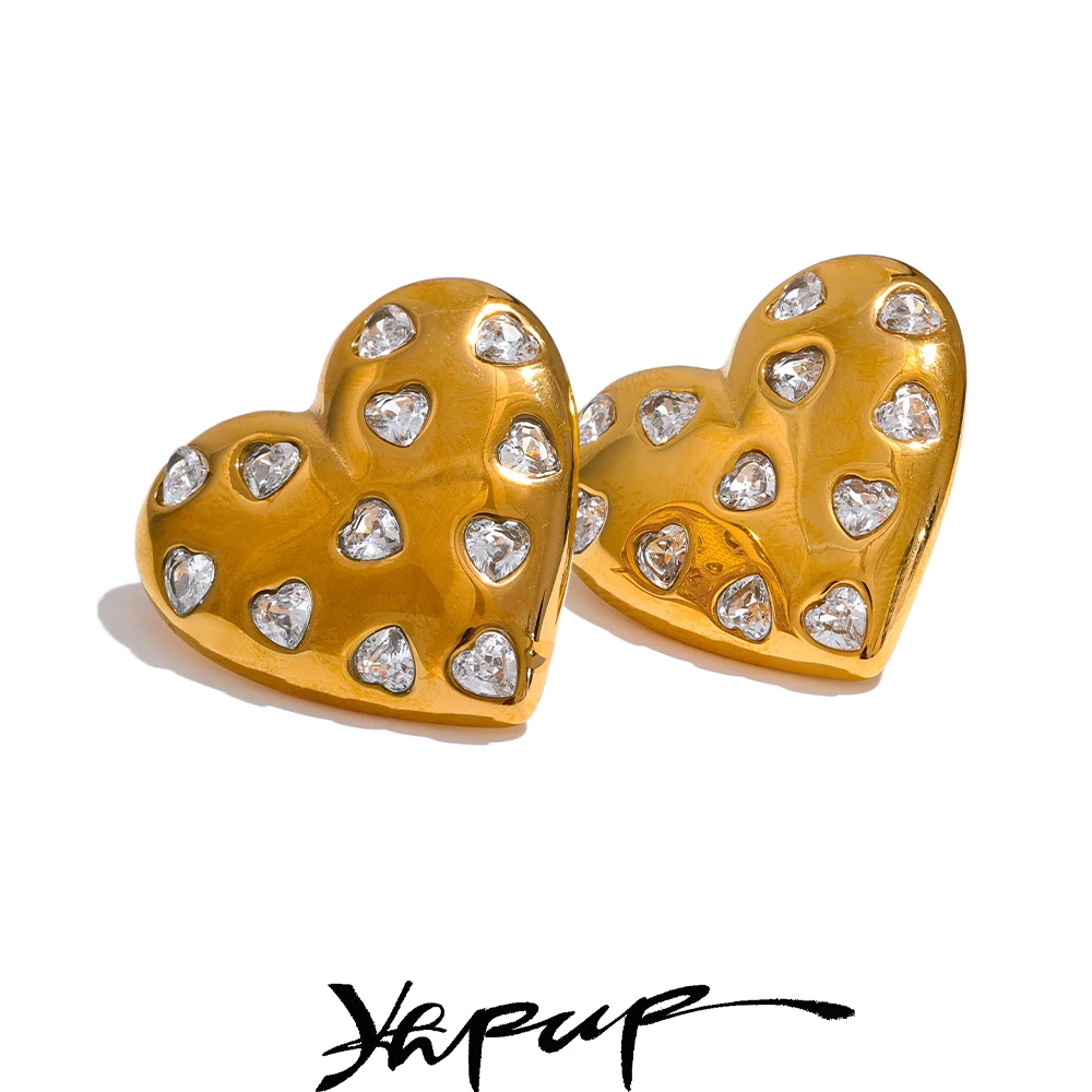 Yhpup moda zircônia cúbica coração amor dourado declaração brincos à prova d'água aço inoxidável joias premium presente