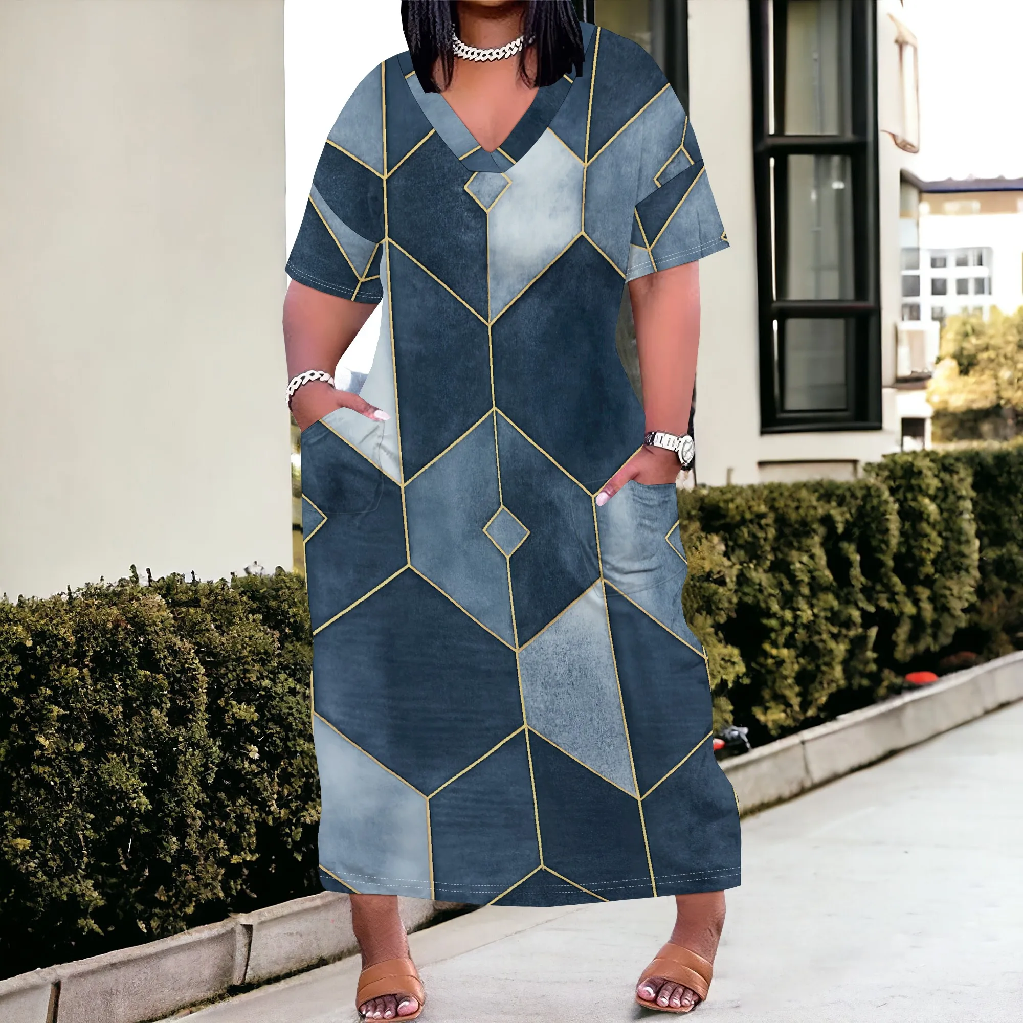 

Plus Size Geometric Colorblock Kaftan Dress for Women XL-6XL V-Neck Oversized Maxi Dress with Pockets Urban Abstract Style
