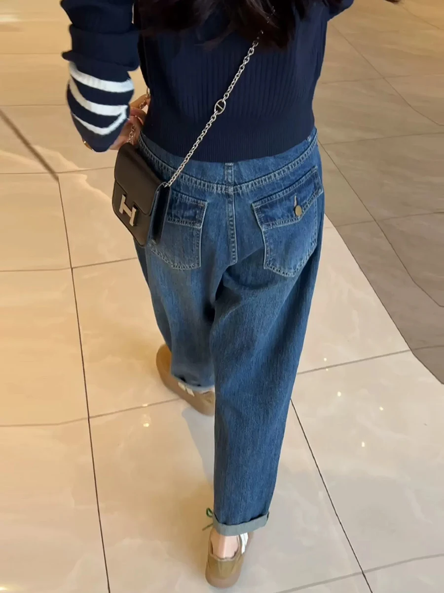

plus Size High Waist Loose Blue Harajuku Style Women's Jeans Straight Leg Dad Pants Casual Washed Denim Spring Autumn