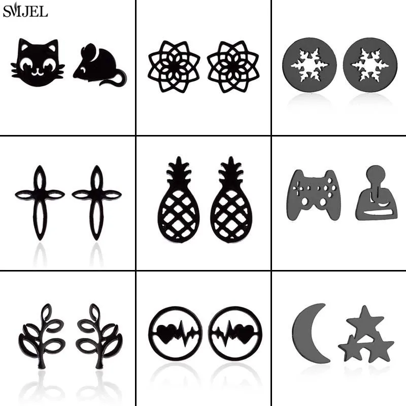 Hip-Hop Punk Stainless Steel Stud Earrings Black Women Personality Mouse Cross Mandala Earings Game Controller Ear Piercing Gift