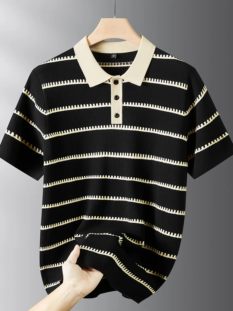 

Мужской вязаный свитер свободного кроя с отложным воротником, модный полосатый трикотаж для осени и зимы