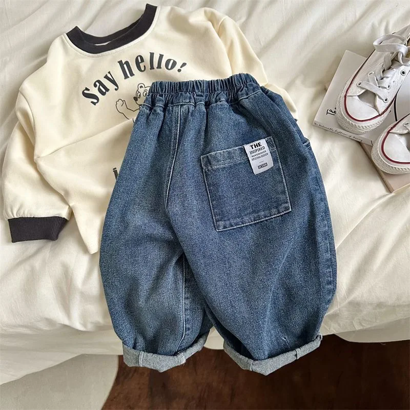

2025Children's Jeans Spring and Autumn New Style Boys and Girls Wide-Leg Pants Versatile Casual Harem Loose Long Pants