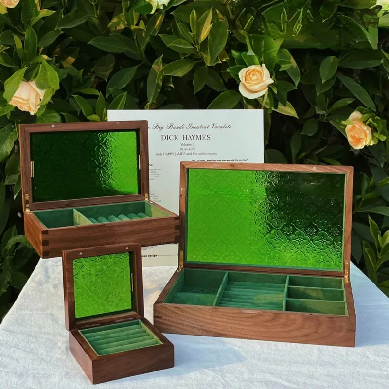 Retro Creative Solid Wood Jewelry Box Partition Storage for Necklace Watch Dust-proof Green Beauty Holder