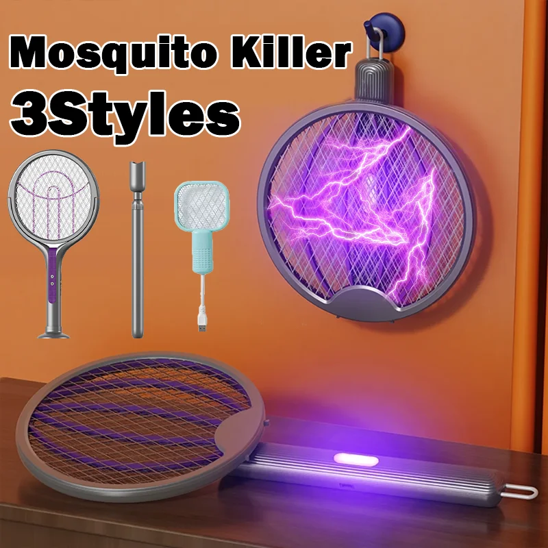 3Styles Electric Mosquito Swatter Rechargeable Mosquito Killer Lamp Wall Mounted Bug Zapper Racket for Home Bedroom Living Room