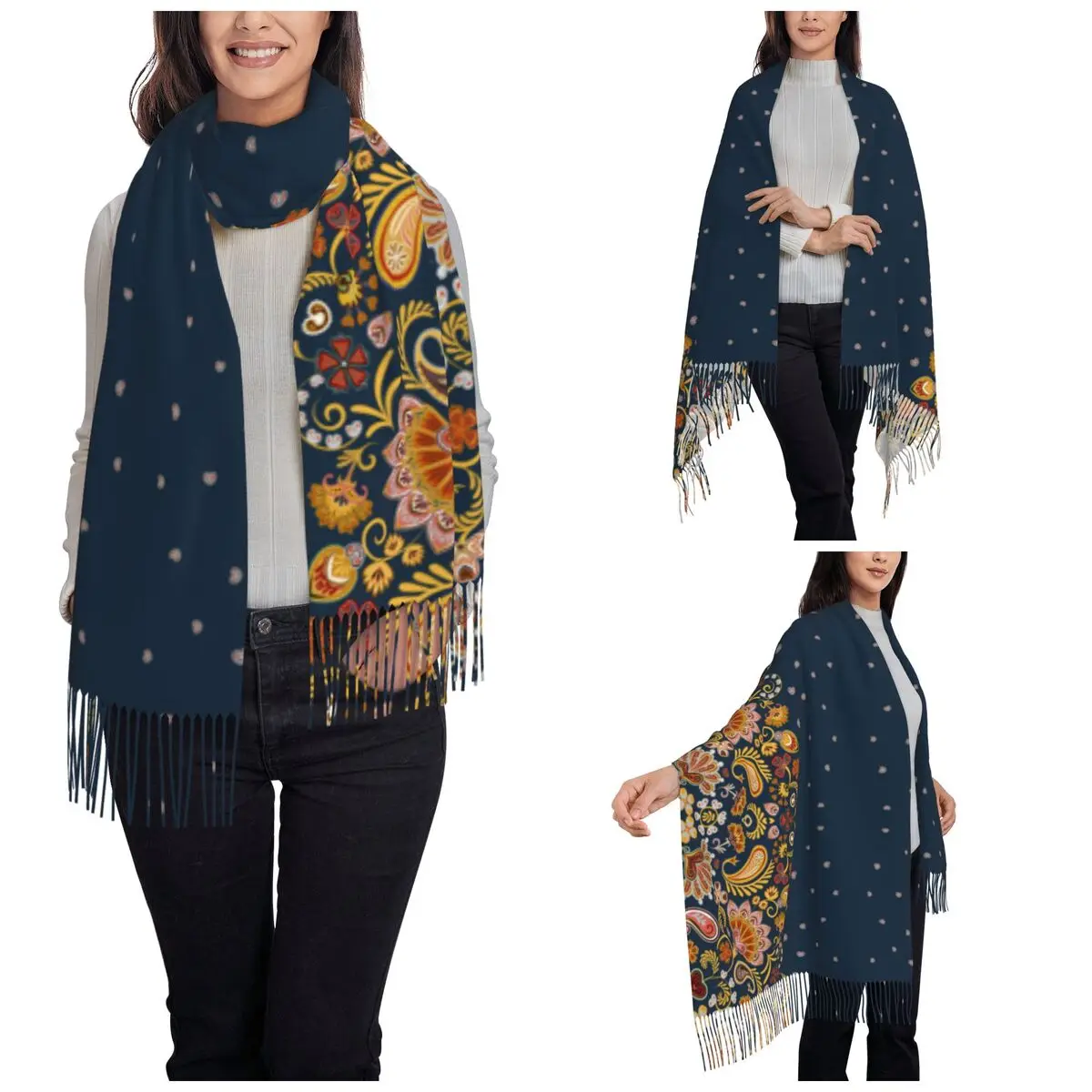 Vintage Paisley Pattern Flower Shawl Wrap for Ladies Warm Large Soft Scarf Dark Blue Mandala Floral Neckerchief Shawl Scarves