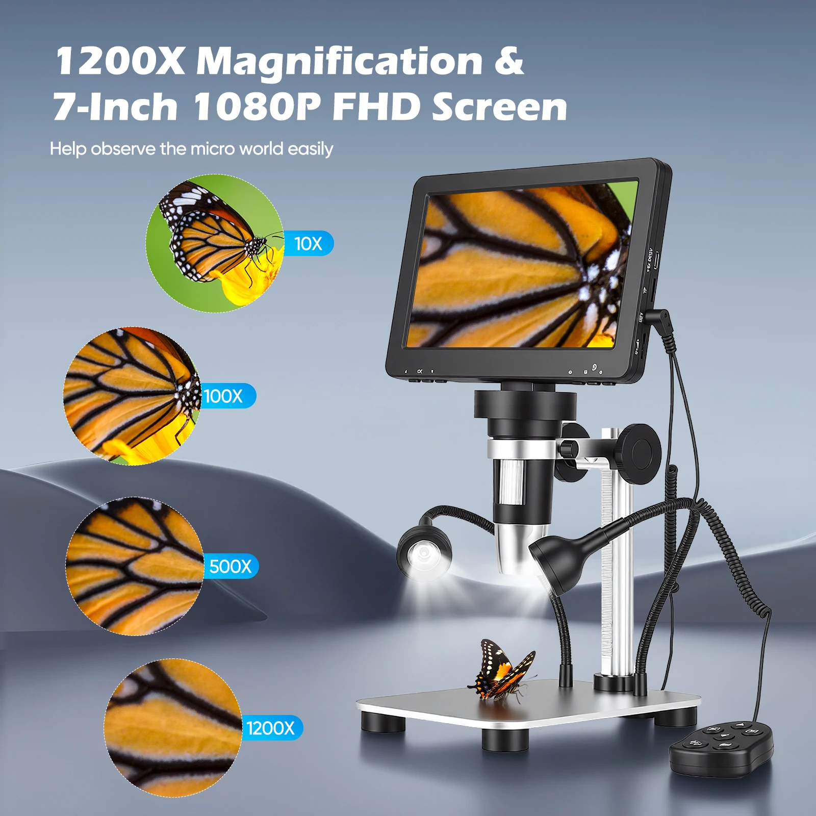 7 Zoll 1080P FHD Digitalmikroskop, 1200-fache Vergrößerung mit verstellbarem Bildschirm und Ständer, zwei dimmbaren LED-Leuchten, Foto- und Videoaufnahme, USB-PC-Anschluss für Münzen-, PCB- und