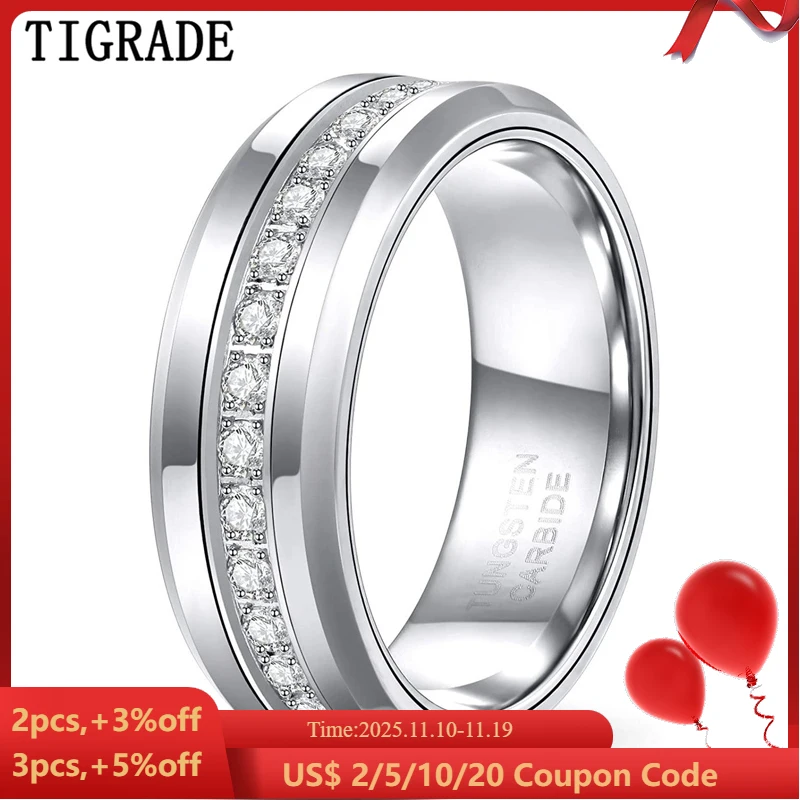 Tigrade 8mm Mens Tungsten Wedding Bands with Cubic Zirconia Trendy Eternity Ring Unisex CZ Inlaid High Polish Size 7-13