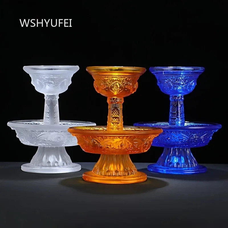 Tibetan Buddhist Colored Glass Holy Water Cup with Carved Auspicious Symbols Offering Cup for Home Altar and Temple Decor