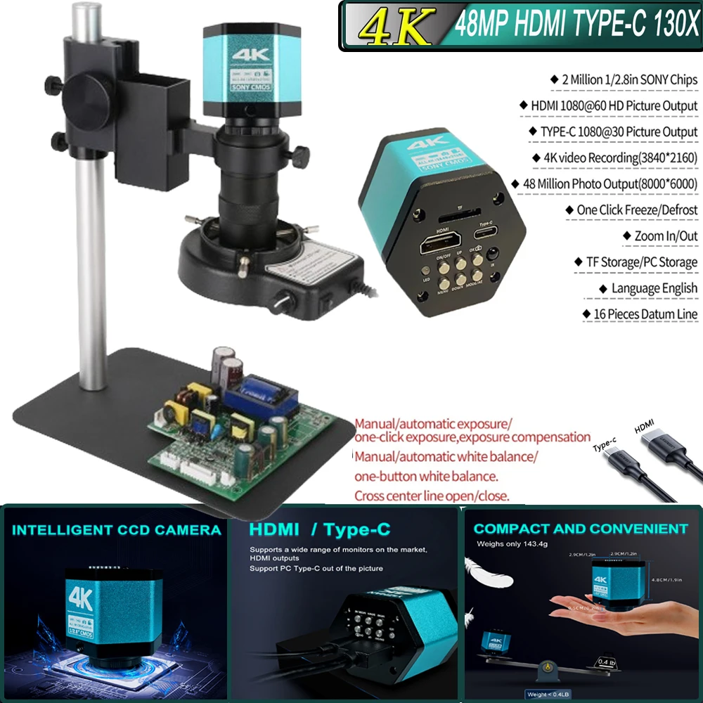 4k 48MP HDMI TYPE-C aparat cyfrowy monokularowy mikroskop obiektyw 130X mikroskop LED zestaw naprawa PCB lutowania telefonu