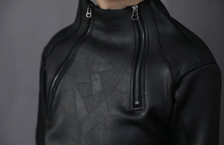 Dark Style Irregular Stand Collar Diagonal Zipper Faux Leather Sweatshirt Female Cool Black Gothic Jacket Fleece Lining Pullover