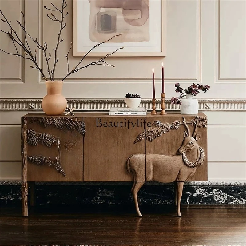 

French retro wind solid wood carving flower meal side cabinet wine cabinet integrated wall art display cabinet