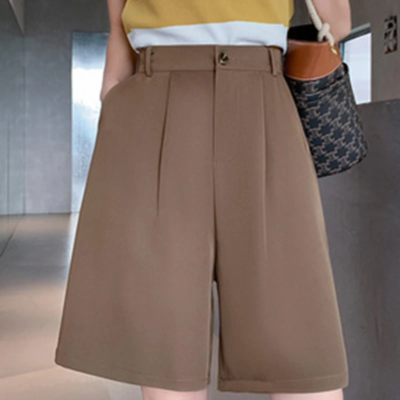 Solid Pleated Suit Shorts for Women Elastic Waist Loose Straight Shorts Ladies Summer Office Ladies Short Wide-Leg Pants Female