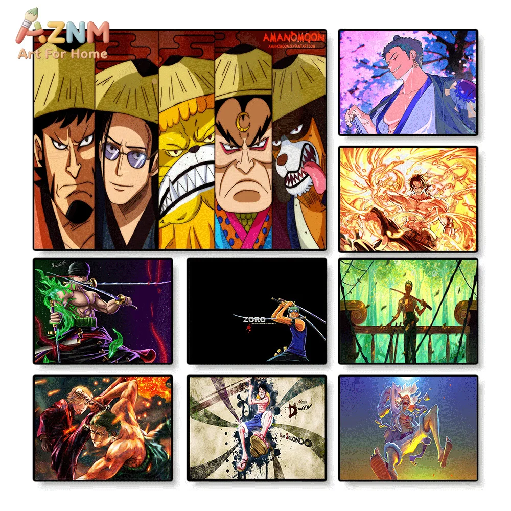 AZNM One Piece Anime Canvas Poster Zoro Ace Luffy Wano Country Nine Red Scabbards Character Art Print Unframed Canvas Painting