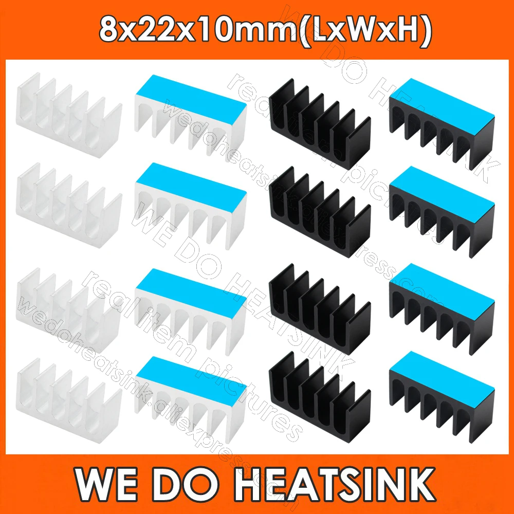 

Wholesale 8x22x10mm Silver / Black Anodized Aluminum Heatsink IC Radiator With Thermally Conductive Adhesive Transfer Tape