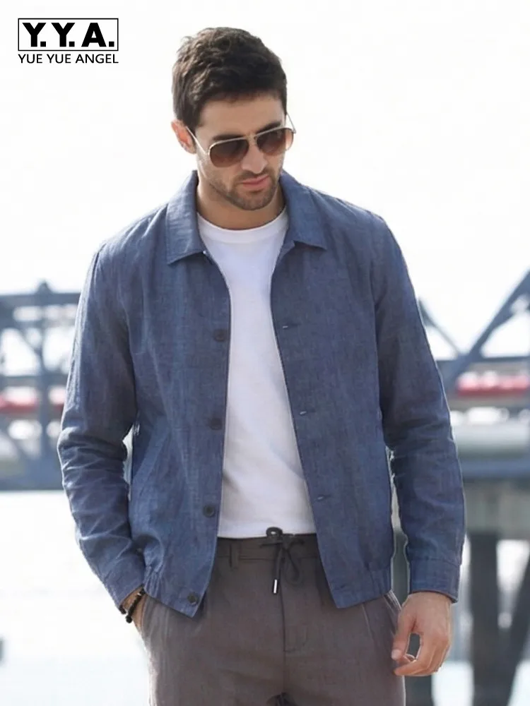 Pure Linen Mens Jacket Thin Single Breasted Leisure Coat Loose Comfortable Turndown Collar Jackets Male Breathable Outerwear