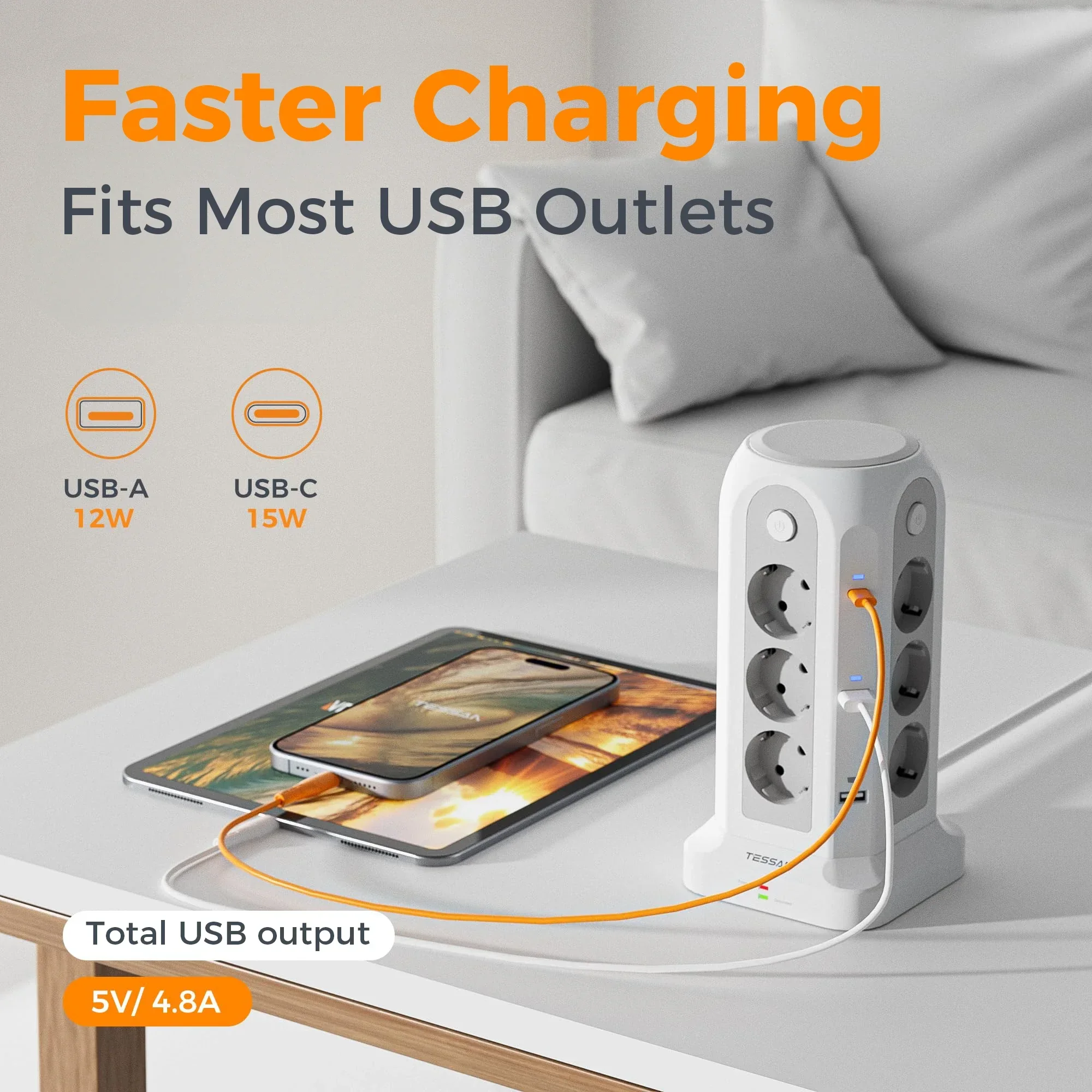 Listwa zasilająca TESSAN z 12 gniazdami, 4 oddzielnymi włącznikami, wielogniazdkowa listwa zasilająca z USB-C, przedłużacz 2m, adapter wtyczki