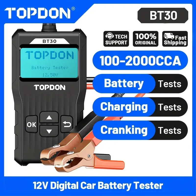 TOPDON BT30 12V Car Battery Tester Digital Automotive Diagnostic Analyzer Vehicle Cranking Charging Scanner Tool One For All