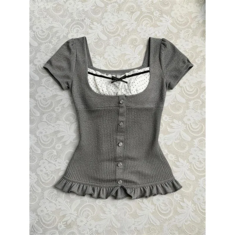Summer Clothes Women Blouse Square Neck Tops Casual Ribbed Knit T Shirts Button Front Short Sleeve Blouse Grey White Inner Layer