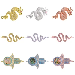 Juya 18K Gold Plated Decorative Micro Pave Zircon Copper Dragon Snake Hamsa Connectors For DIY Talisman Pendant Jewelry Making