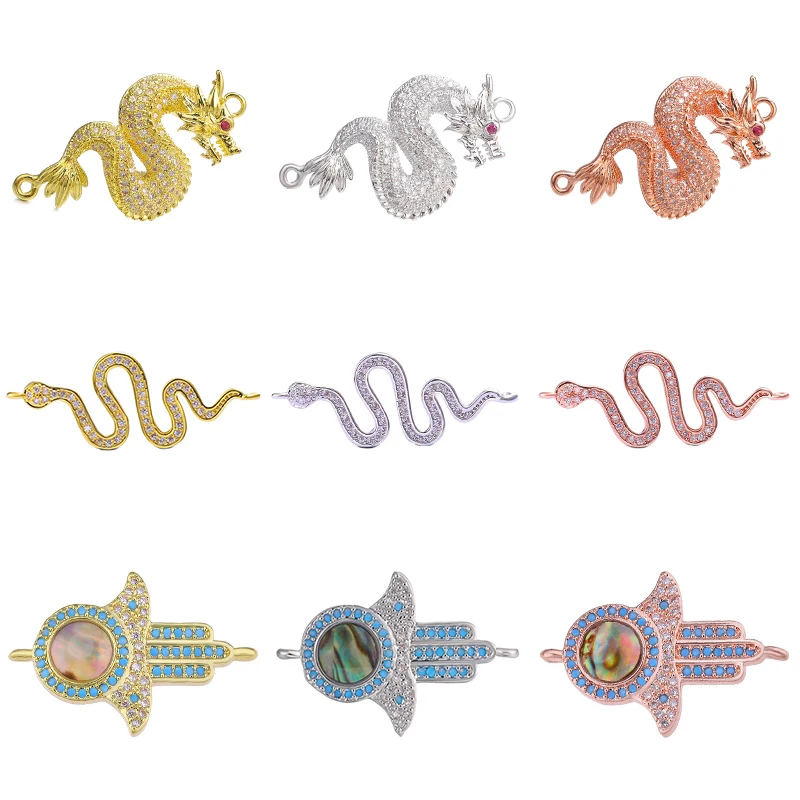 Juya 18K Gold Plated Decorative Micro Pave Zircon Copper Dragon Snake Hamsa Connectors For DIY Talisman Pendant Jewelry Making