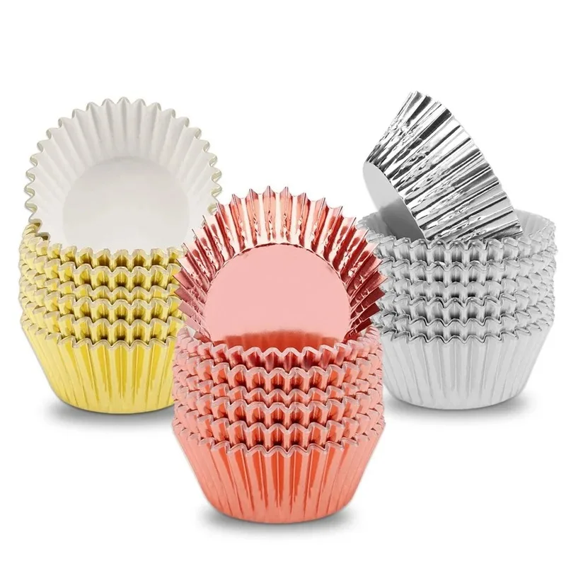 100pcs Foil Metallic Cupcake Liners Muffin Paper Cases Baking Cups Rose Gold Wedding Birthday Baby Shower Party Baking Supplies