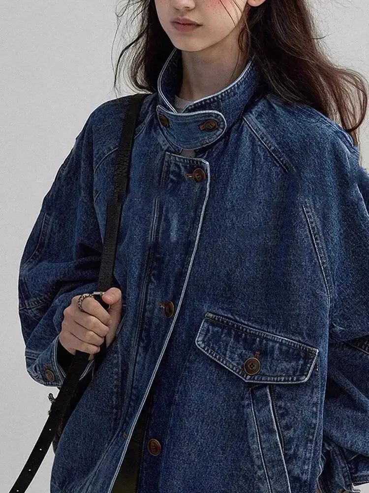 Women Denim Jacket 2025 Autumn New American Retro Blue Denim Jacket For Women Unique Design Catching Work Wear Style