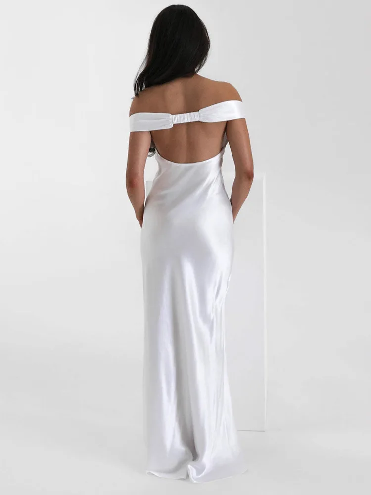Arctic Cat Sexy Satijn Off-Shoulder Bodycon Party Club Avondjurk Vrouwen Elegante Backless Slanke Effen Kleur Formele Jurk vestidos