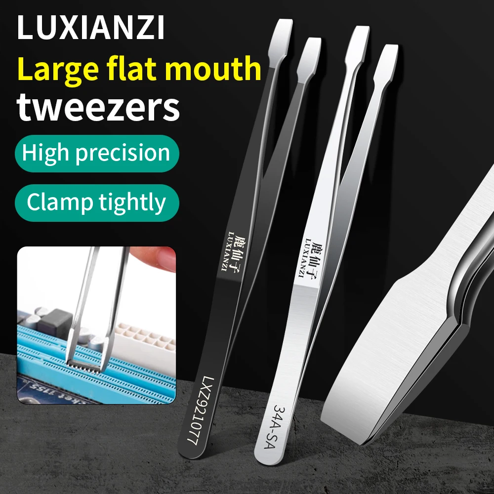 LUXIANZI Flat Stainless Steel Industrial Tweezers For Soldering Repair Electronic Tools Industrial ​Forceps Precision tweezer