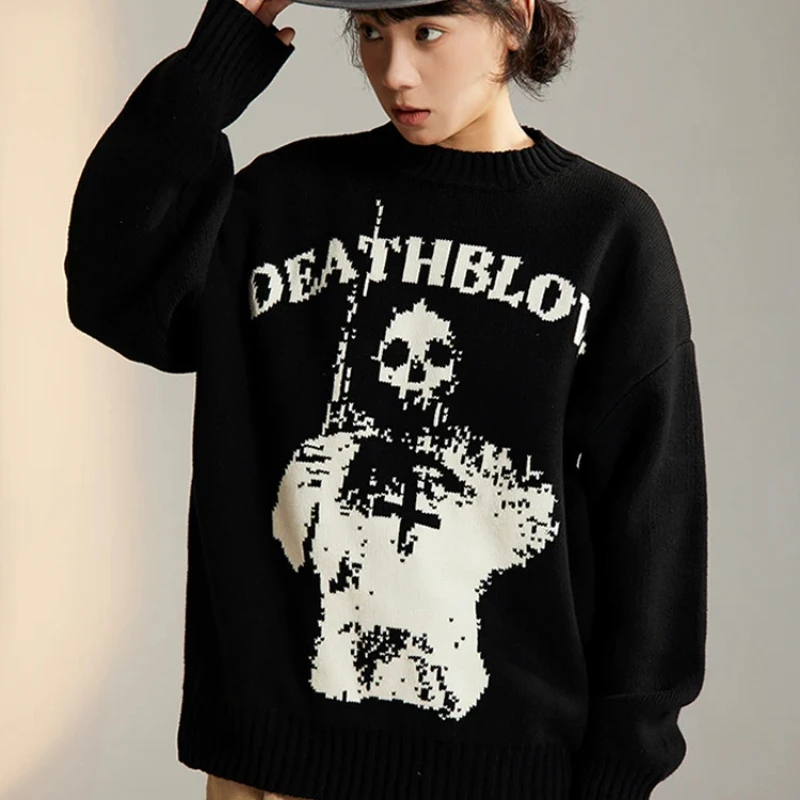 Y2k Winter Warme Halloween Übergroßen Pullover frauen Top Langarm Jumper Gestrickte Schädel Mantel Herbst Koreanische Gothic Harajuku Kapuze