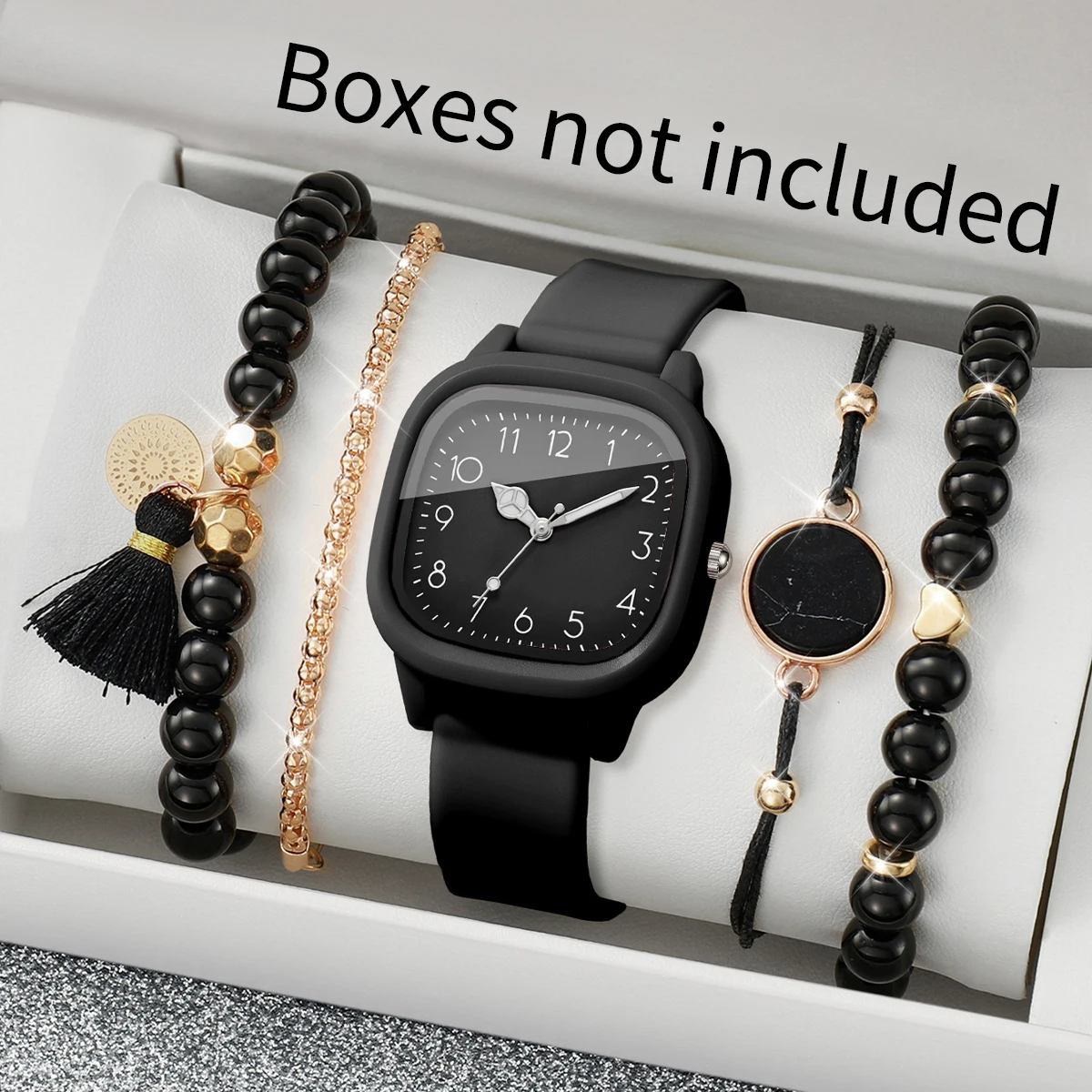 5PCS Fashion Square Women Watches Beads Bracelets Set Casual Silicone Strap Sports Wristwatch Reloj Mujer Clock (Without Box)