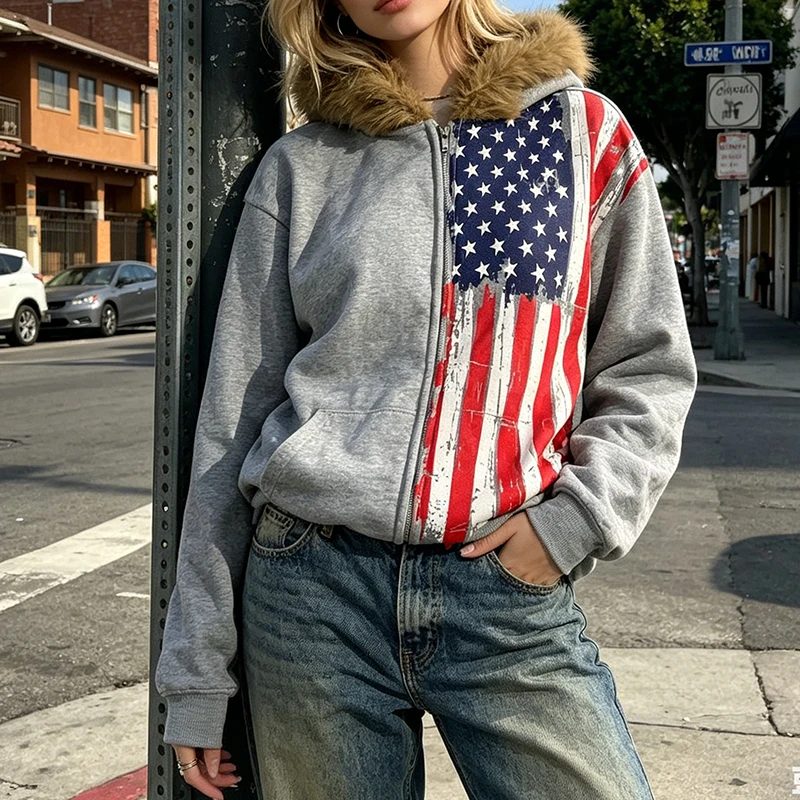 American High Street Fashion Commuter Zipper Cardigan Women Plush Stitching Coat Vintage Old Flag Print Long Sleeve Loose Hoodie