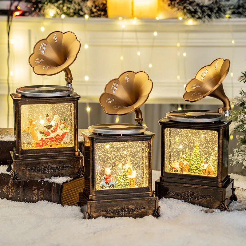 

Cross-border Christmas decoration, Christmas wind lights, retro phonograph, music box, falling snow, snowflake crystal ball, Chr
