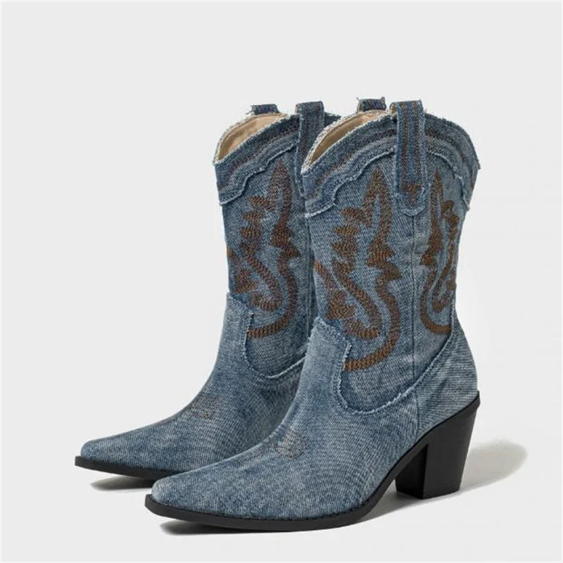 

6.5cm Autumn and Winter Women's Embroidered Charm Western Cowboy Boots Ladies Retro Casual Elegant Ankle Jeans Boots Size 35-42