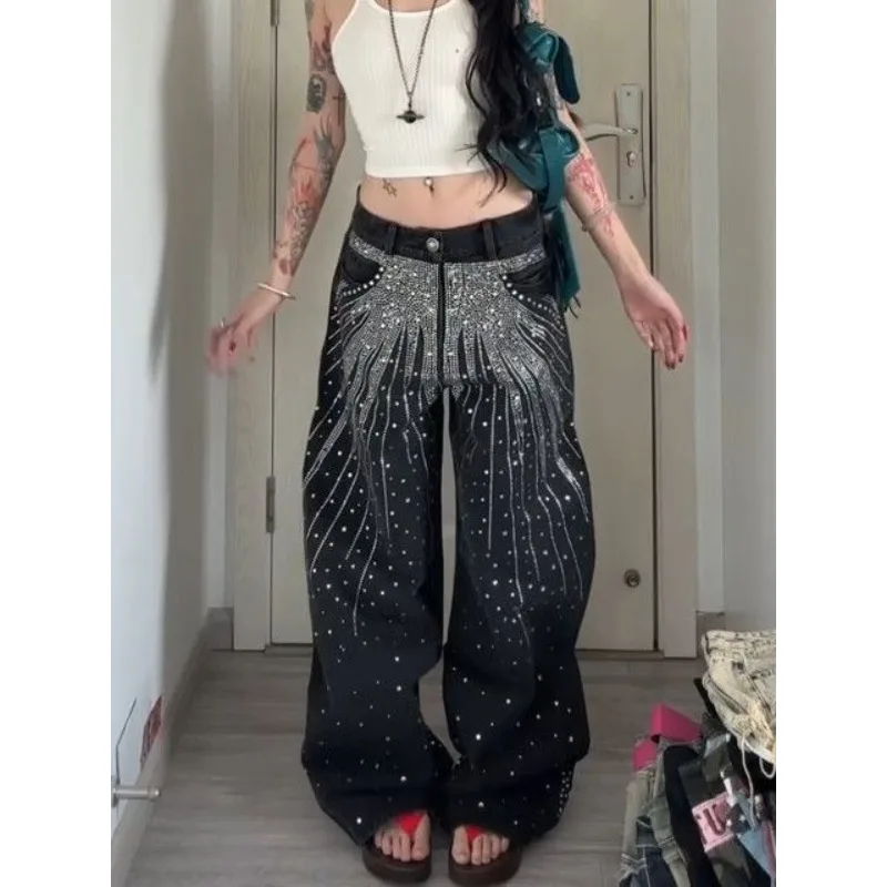 

Women's Streetwear Rhinestone Sequin Jeans Y2K Clothes Harajuku Hip Hop Glitter Retro Baggy Jeans Low Waist Wide Leg Trousers
