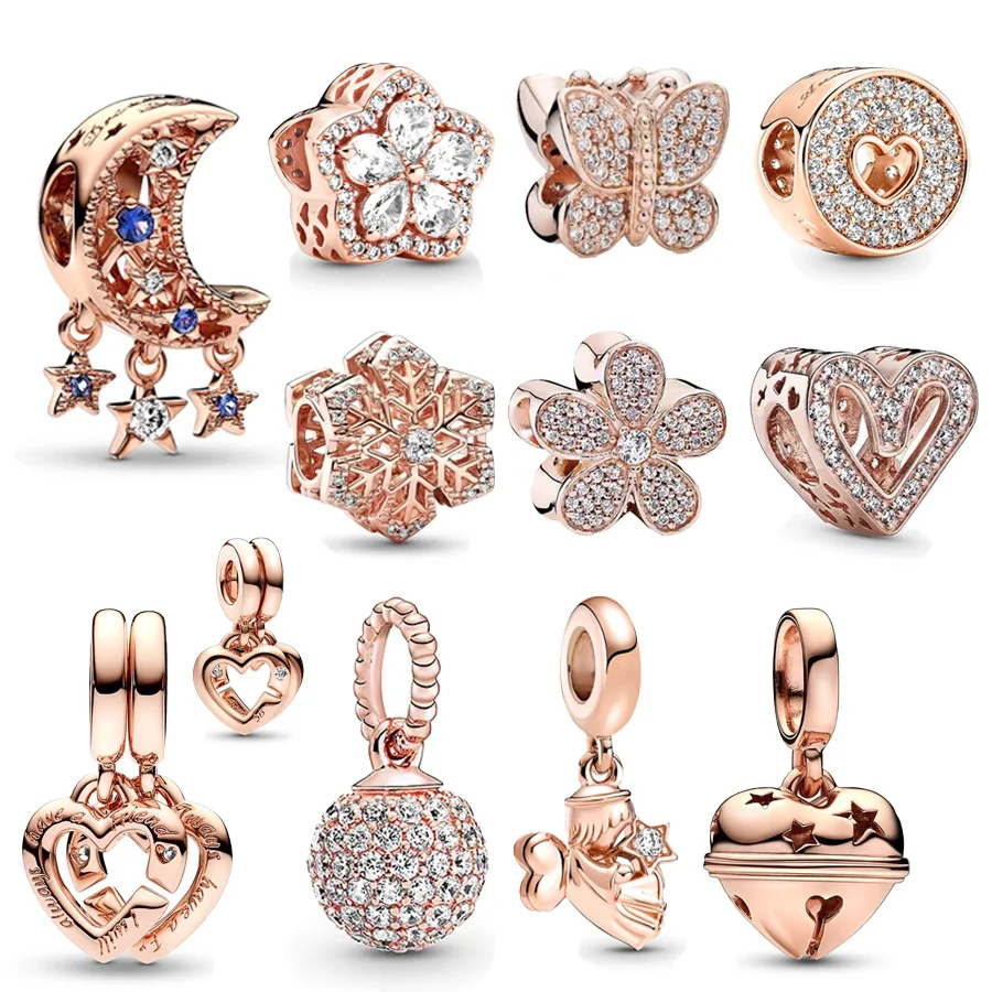 Rose Gold Snowflake Pavé & Heart Winged Angel Dangle Charm Bead Fit Women Original European 925 Sterling Silver Bracelet Jewelry