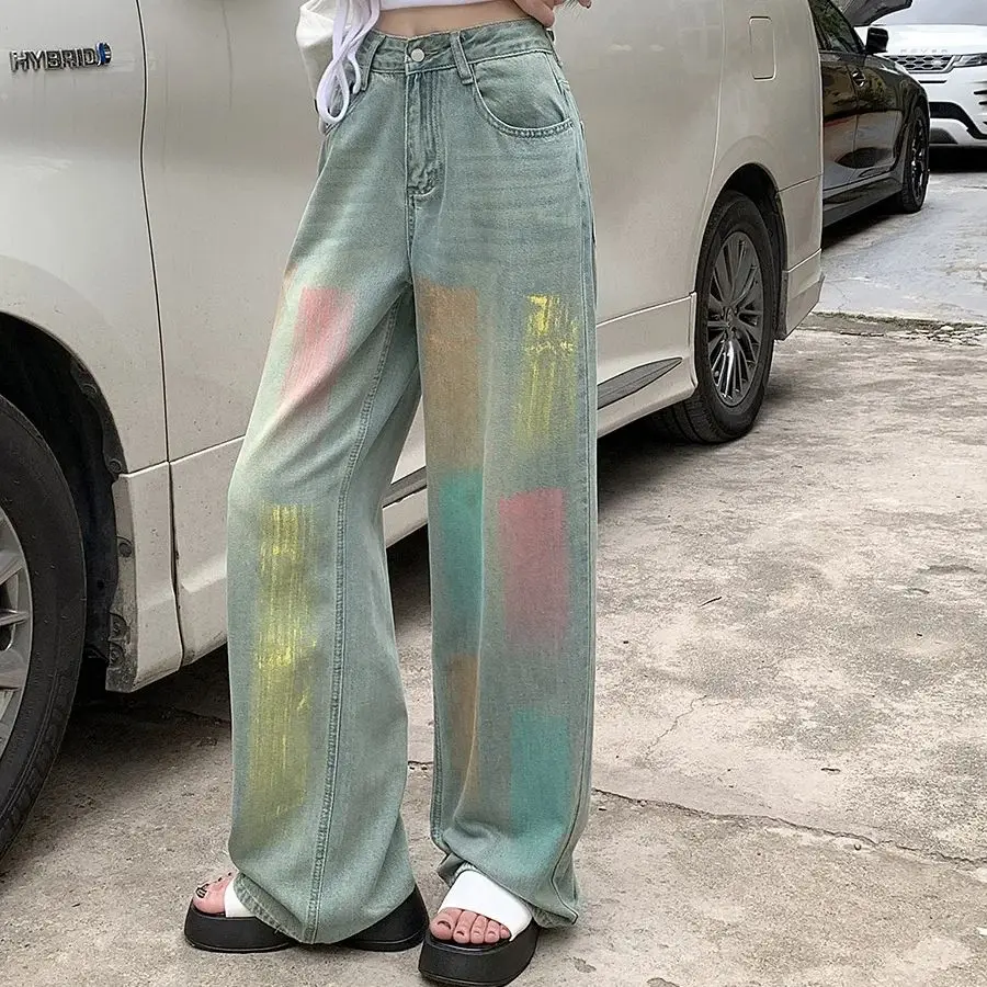 2024 Spring and Summer Colorful Graffiti Wide Leg Jeans Women's High Waist Slim Drape Floor-Mopping Trousers