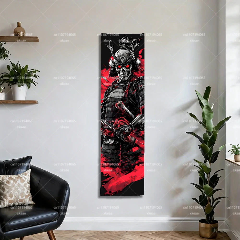 Vertikaler Samurai-Totenkopf-Wandteppich, rot-schwarzer Ronin-Katana-Wandbehang, 40 x 150 cm, waschbare Polyester-Schlafzimmerdekoration