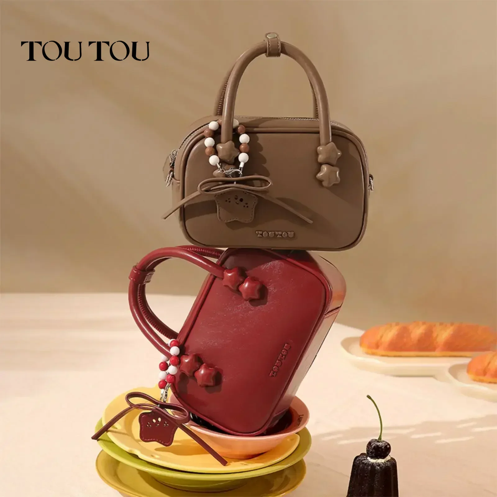 TOUTOU Women Bowling Bag Handbag Replica Boston Mini Bag Luxury Designer One Shoulder Crossbody Bag for Cosmetics Christmas Gift