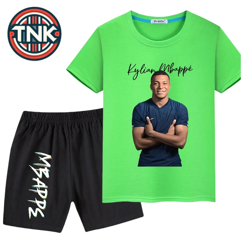 Mbappe Conjunto de camiseta deportiva con estampado de avatar para niños, pantalones cortos informales de manga corta, conjunto de 2 piezas, Verano