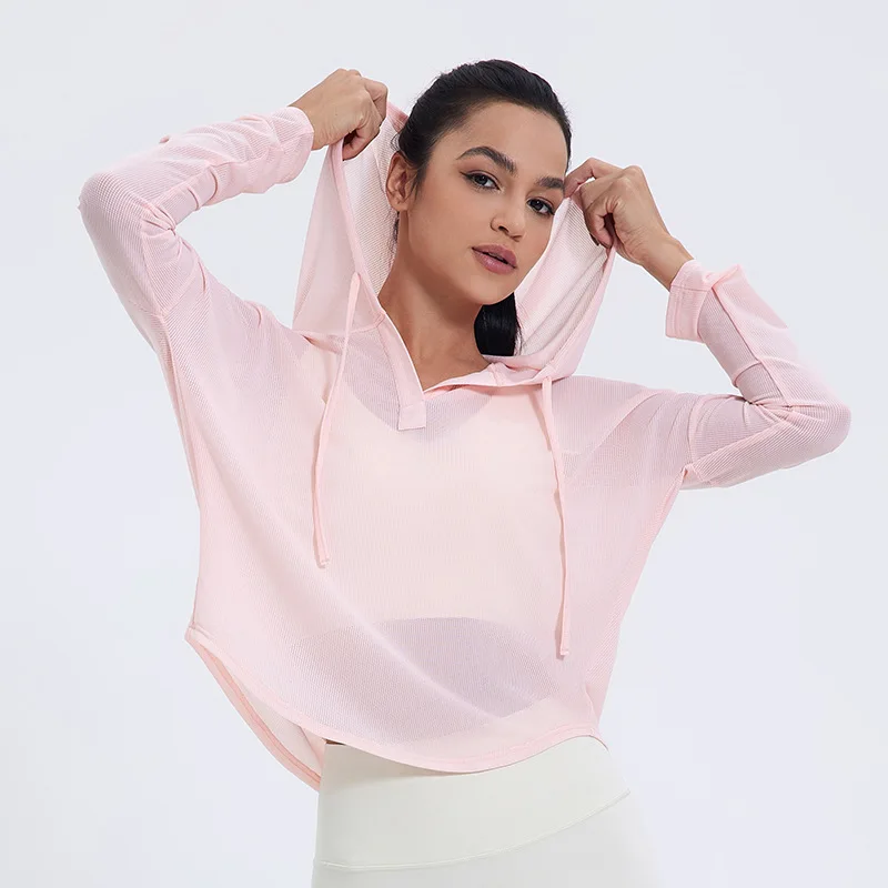 Women Sport Hoodies Thin Loose Yoga Shirt Long Sleeves Running Shirt Anti-UV Sweatshirts Girls Hollow Out Gym Fitness Hooded Top