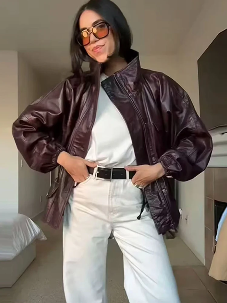 TFMLN سترات من الجلد خمر للنساء ربيع الخريف موضة جديدة بسيطة الوقوف طوق الخصر تصميم جيوب فو معطف بولي يوريثان الإناث