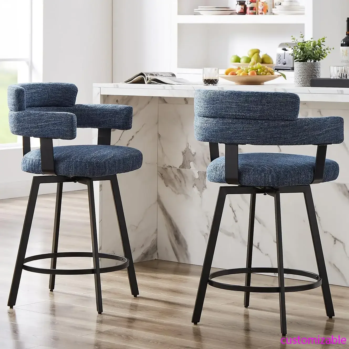 Counter Height Bar Stools with Full Back – Swivel Counter Stools Set of 2 with Linen Padded Back, Metal Footrest,Blue 24 inch