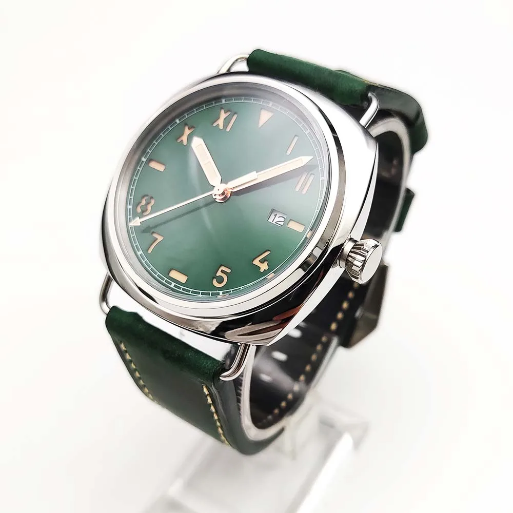 45mm Men\'s Vintage Pilot\'s Automatic Mechanical Watch Japan NH35A Movement Luminous Sterile Dial Green Dial Strap