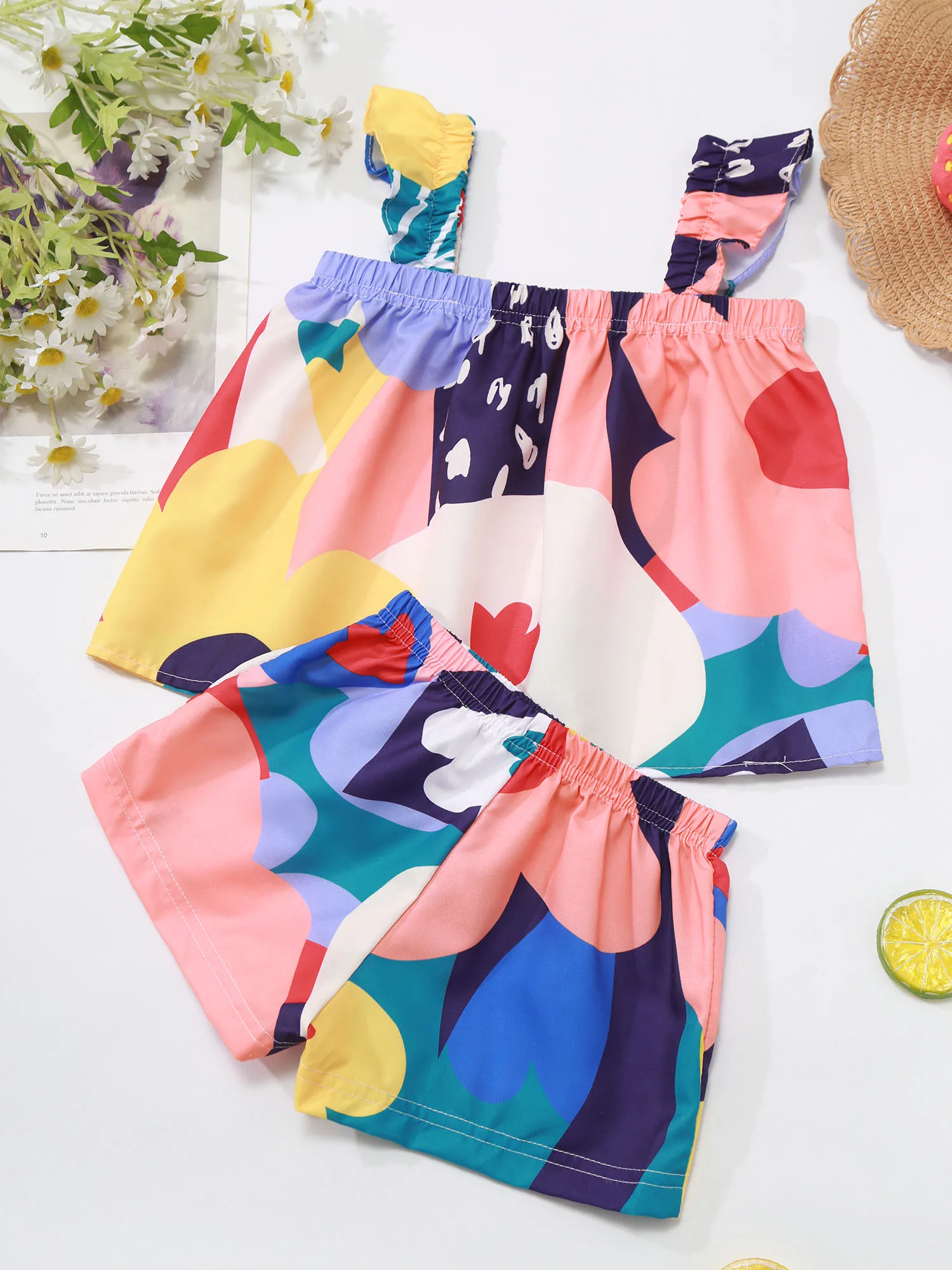 Baby Girls 2 Pieces Colorful Summer Clothes Outfits Elastic Spaghetti Strap Ruffled Tops with Shorts Infant Holiday Casual Wear