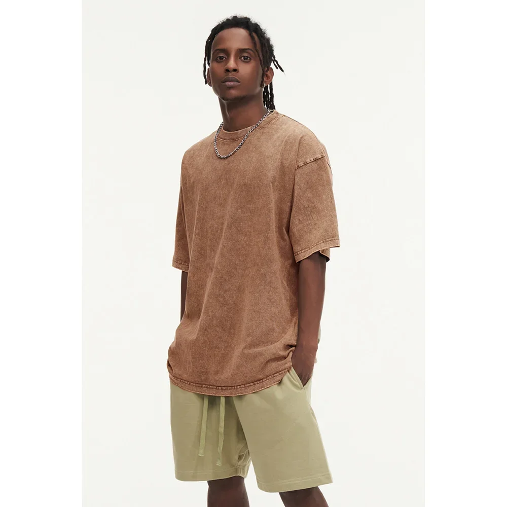230G Cotton Retro T-shirt Drop-shoulder Sleeve Men Women Vintage Short-sleeve T Shirts Solid Color Hip Hop Loose Tees image 3