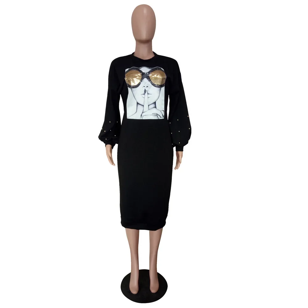 CPSYMYM Fashion Bubble Long Sleeve Beading Sequin Women's Hoodie Dress Spring And Autumn New Casual Printed T Shirt Female Long