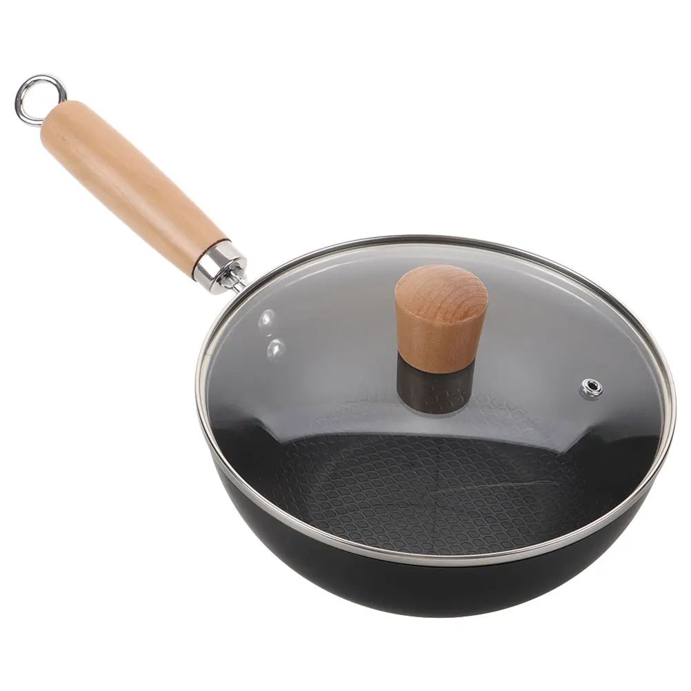

Small Cast Iron Skillet Wok Pot with Lid Wooden Handle Saucepan Cover Nonstick Pan Versatile Use Even Heat Distribution Mini
